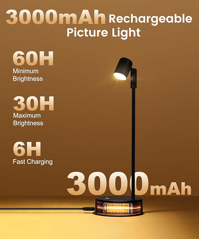 Wireless Battery Operated Picture Light for Wall,3 Color LED Art Lighting for Paintings,Magnetic Rechargeable Dimmable Poster Lights,Remote Control Gallery Light with Timer, Black (2 Pack)