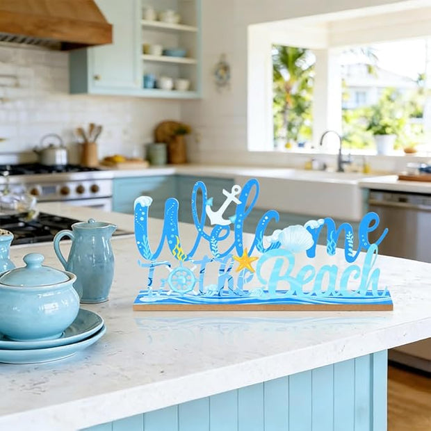 MEETYAMOR Coastal Beach Decor, Wood Metal Welcome to the Beach Sign for Table Decor, Farmhouse Rustic Nautical Ocean Decorations for Home, Living Room, Mantel, Shelf
