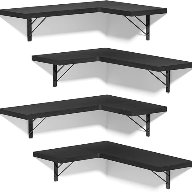 Love-KANKEI Corner Shelf Wall Mounted,Floating Wall Shelves for Storage,Rustic Wood Hanging Shelves for Display,Bathroom Kitchen Bedroom Living Room,Set of 4,Black