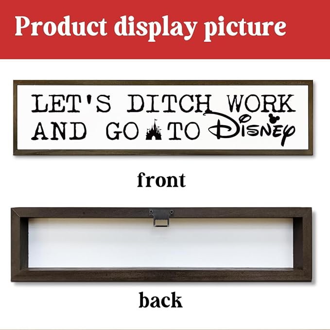 WKYAER Funny Work Decor Sign, Decorative Wooden Table Signs, Wall Decor Art, Humorous Office Decoration, Wooden Box Signs for Home Decors, Coworker Bestie Gift, Let's Ditch Work and Go to Disney Sign