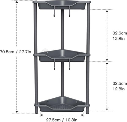 Orimade Rustproof 3 Tier Floor Standing Corner Shower Caddy Organizer, Plastic Metal Splicing Floor Corner Shelf Rack Stands for Bathroom, Grey