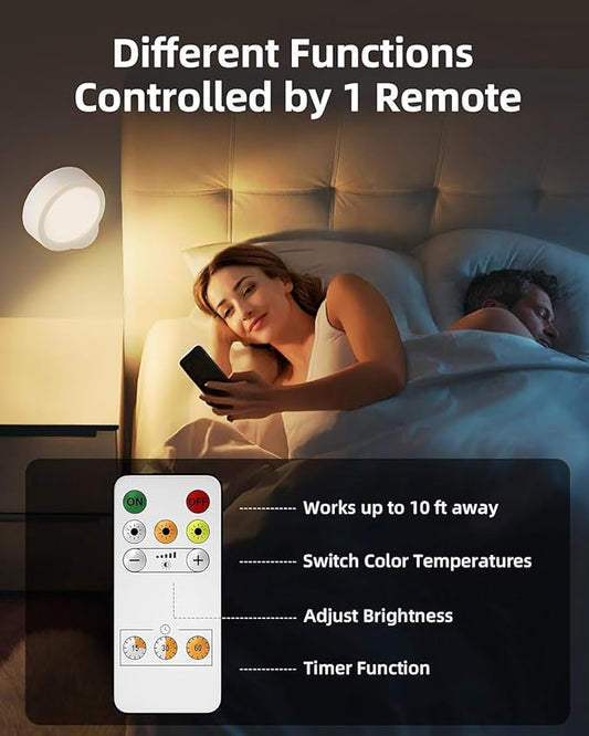 EZVALO LED Wall Mounted Light, 3000mAh Rechargeable Cordless Wall Sconce, Dimmable with Remote & Touch Control, 3 Color Temps, 360° Rotatable for Bedroom, Bedside, Reading(White, 2Pack)