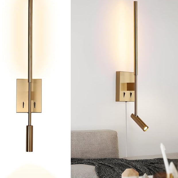 Modern Plug in Wall Sconce Indoor Ambient Lighting for Bedroom, Gold LED Wall Mounted Reading Lamp with Switch, Corded Minimalist Linear Wall Light with 5.9FT Clear Cord for Living Room Corner Hallway