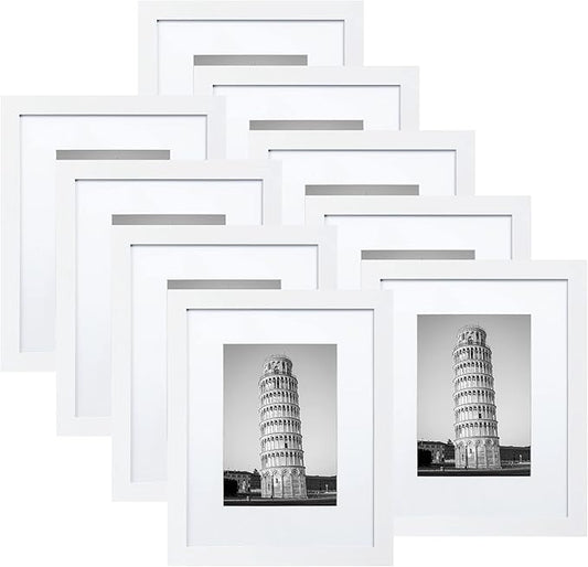Wiscet 8x10 Picture Frame Set of 9, Display Pictures 5x7 with Mat or 8 x 10 Without Mat, Photo Frame for Wall Mounting or Tabletop Display, White.