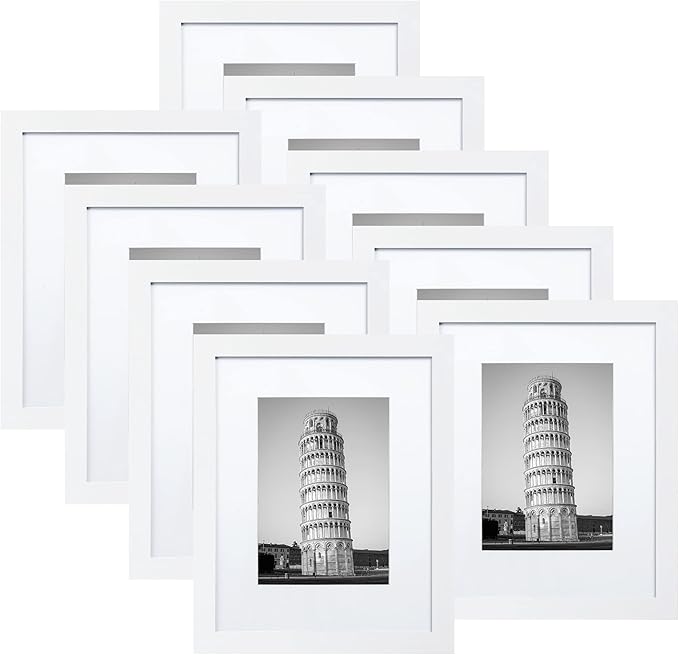Wiscet 8x10 Picture Frame Set of 9, Display Pictures 5x7 with Mat or 8 x 10 Without Mat, Photo Frame for Wall Mounting or Tabletop Display, White.