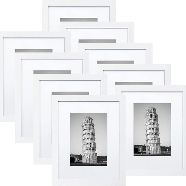 Wiscet 8x10 Picture Frame Set of 9, Display Pictures 5x7 with Mat or 8 x 10 Without Mat, Photo Frame for Wall Mounting or Tabletop Display, White.