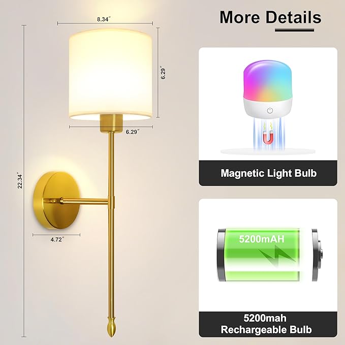Battery Operated Wall Sconce Set of Two, 15 Colors Rechargeable Wall Lamp with Dimmable Bulbs and Remote, Gold Wireless Wall Sconce for Bedroom Living Room Hallway
