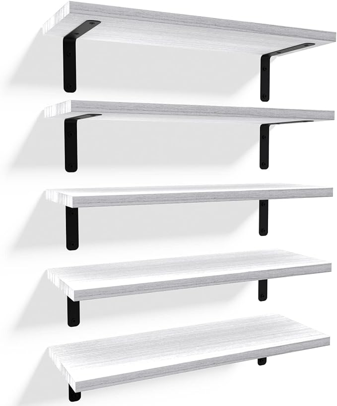 RICHER HOUSE Floating Wall Shelves, Rustic Wood Bathroom Shelves Set of 5, Farmhouse Style Shelf for Décor, Hanging Bedroom, Storage, Kitchen, Living Room - White