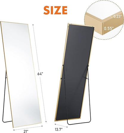 OLIXIS Full Length Mirror 59"x16.3" for Bedroom, Full Body Mirror with Stand, Hanging or Leaning for Wall, Aluminum Alloy Thin Frame Floor Standing for Living Room, Long, Gold