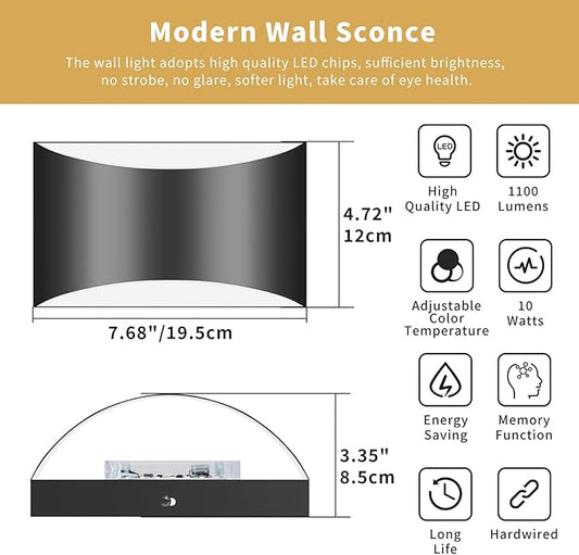 TingMiao Black Modern LED Wall Sconce, Hardwired Wall Sconces Set of 2, 3 Colors Indoor Wall Lamp, 10W Up and Down Aluminum Wall Mount Light for Bedroom Living Room Hallway Corridor (Black, 2 Pack)