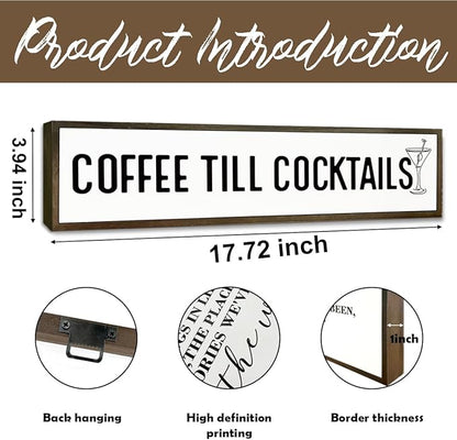 Coffee Decor Signs, Rustic Home Decors for Kitchen Bar, Cafe Decor, Housewarming Party Gift, Decorative Wooden Hanging Sign, Coffee Until Cocktails Sign, 17.8x4x1.2 inches