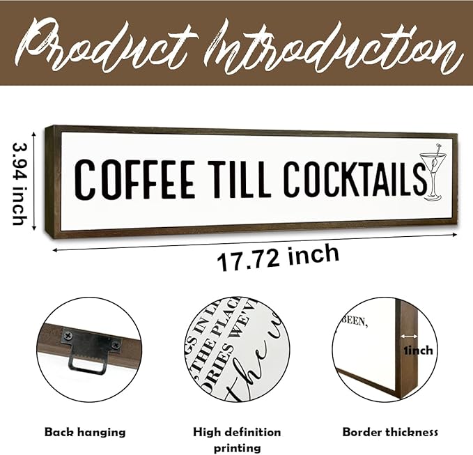 Coffee Decor Signs, Rustic Home Decors for Kitchen Bar, Cafe Decor, Housewarming Party Gift, Decorative Wooden Hanging Sign, Coffee Until Cocktails Sign, 17.8x4x1.2 inches