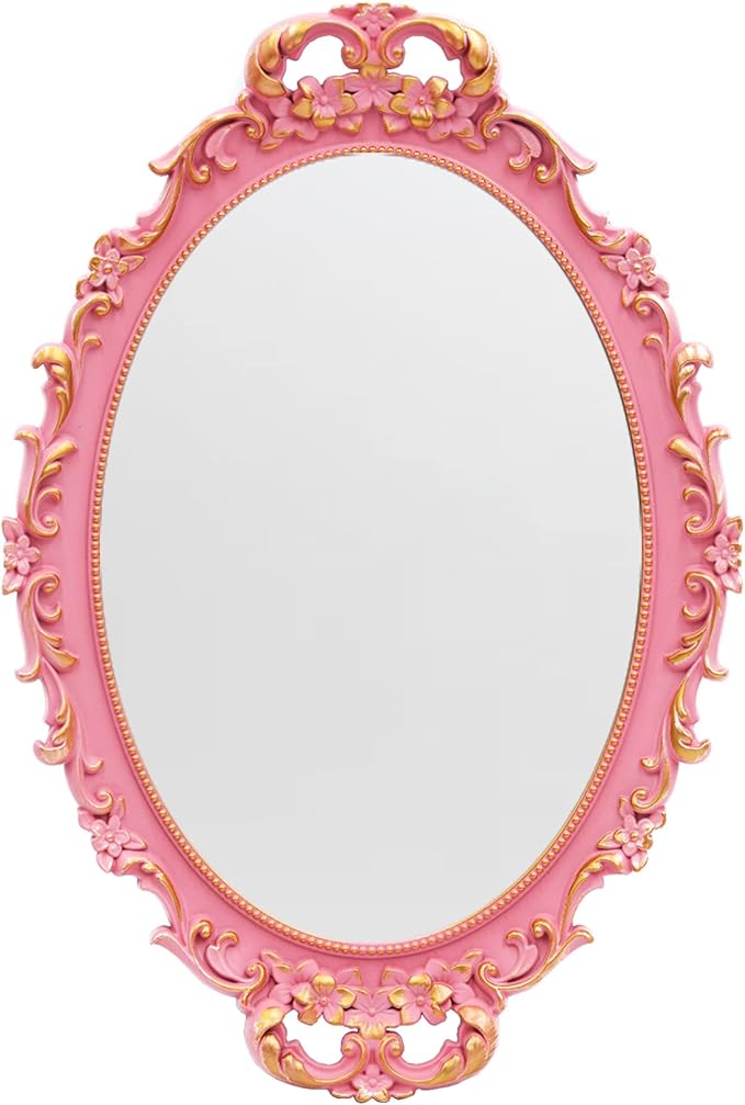Vintage Decorative Pink Framed Mirror, Wall Hanging Mirrors & Tabletop Tray for Bedroom Living Room Dresser Decor, Oval- 9.6