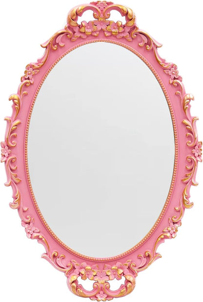 Vintage Decorative Pink Framed Mirror, Wall Hanging Mirrors & Tabletop Tray for Bedroom Living Room Dresser Decor, Oval- 9.6" W x 14.3" L (Pink)