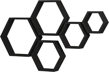 WONFUlity Hexagon Floating Shelves Honeycomb Shelves Wall Mounted Wood Farmhouse Storage Wall Shelf for Bathroom, Kitchen, Bedroom, Living Room,Driftwood Finish Decor, Black