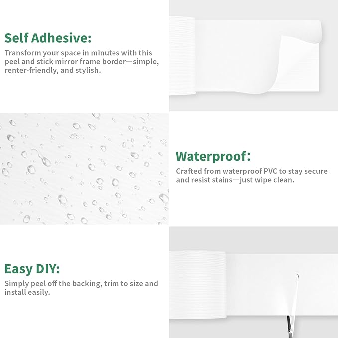 Peel and Stick Wallpaper Borders 390” x 4” Self Adhesive Mirror Frame Border Wood Grain DIY for Kitchen Bathroom Mirror Removal Border Sticker Wall Decor Cover 10.8 Sq.Ft, White Wood