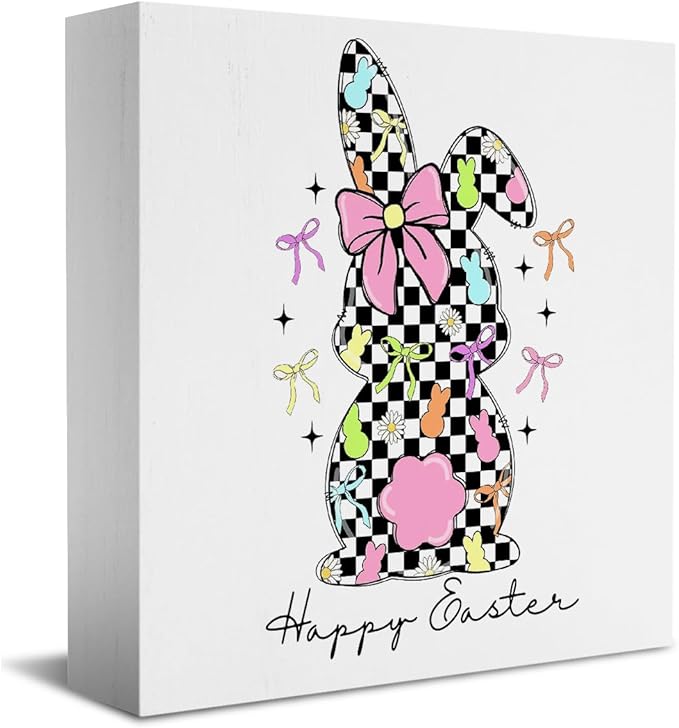 Happy Easter Sign Easter Table Decor Checkered Bunny Decor Blue And White Chinoiserie Decor Wooden Box Sign for Home Office Bedroom Living Room Desk Shelves