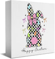 Happy Easter Sign Easter Table Decor Checkered Bunny Decor Blue And White Chinoiserie Decor Wooden Box Sign for Home Office Bedroom Living Room Desk Shelves