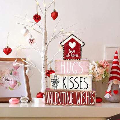 DIYDEC 4Pcs Valentine's Day Table Decoration Valentine House Wooden Block Signs Rustic Valentine Tiered Tray Decor Valentines Day Centerpiece Sign for Farmhouse Holiday Tabletop Home Party Decor