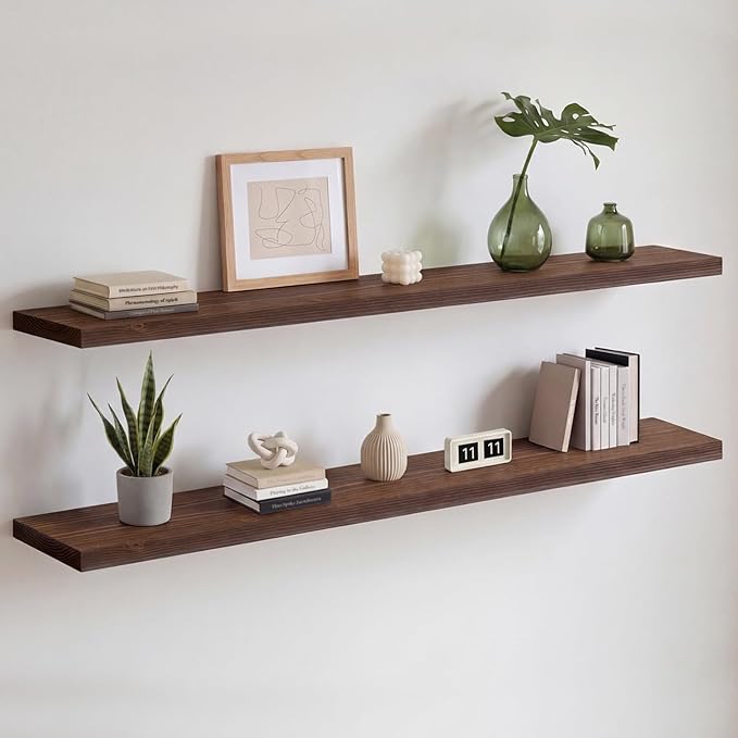 Homeforia Classic Walnut 60 inch Floating Shelf, High End Solid Real Wood Small 60inch Floating Shelves for Wall Mounted, 60in Floating Shelves, Heavy Duty Bracket, 60 X 6.5 X 1.75 inches, Set of 3