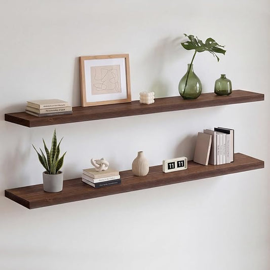 Homeforia Classic Walnut 60 inch Floating Shelf, High End Solid Real Wood Small 60inch Floating Shelves for Wall Mounted, 60in Floating Shelves, Heavy Duty Bracket, 60 X 6.5 X 1.75 inches, Set of 3