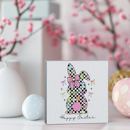 Happy Easter Sign Easter Table Decor Checkered Bunny Decor Blue And White Chinoiserie Decor Wooden Box Sign for Home Office Bedroom Living Room Desk Shelves