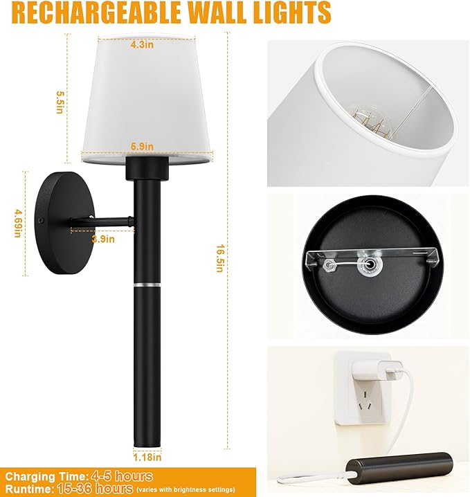 Magnetic & Detachable Wireless Wall Sconces (Black) - 5200mAh Rechargeable Battery Bar for Staircase, Bedroom, Lounge