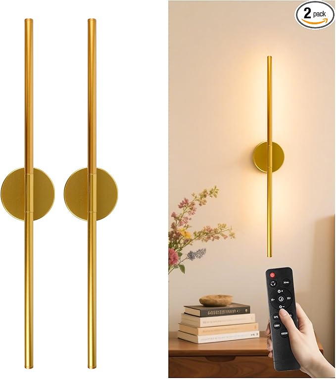 Battery Operated Wall Sconces Set of 2, 10000mAh Wireless Rechargeable Wall Lights Dimmable Detachable Wall Lamp with Remote Control, 3000K-6500K Dimmable Wall Sconce 28.3 Inch Gold
