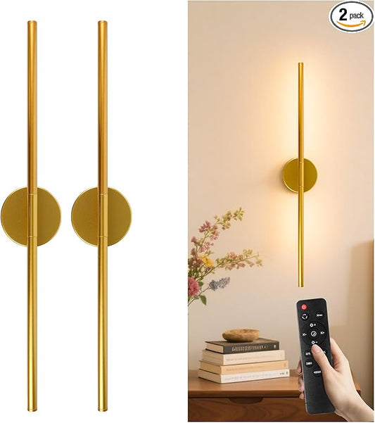 Battery Operated Wall Sconces Set of 2, 10000mAh Wireless Rechargeable Wall Lights Dimmable Detachable Wall Lamp with Remote Control, 3000K-6500K Dimmable Wall Sconce 28.3 Inch Gold