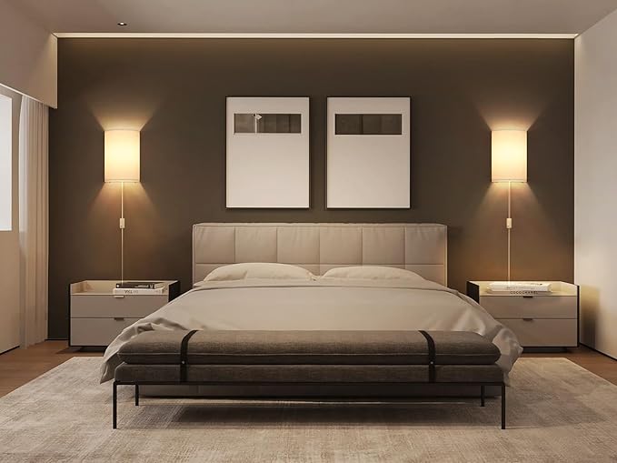 Plug in Wall Sconces Set of Two: Wall Lights with On/Off Switch - Stepless Color Temperature Wall Mount Lamps - Fabric Linen Wall Sconce for Bedroom Living Room & Hallway- Indoor Corded Wall Sconces
