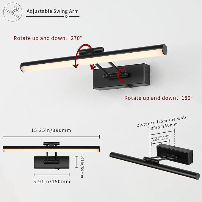 JUSHENG Black Picture Lights for Wall Battery Operated Gallery Lights 3CCT Dimmable Art Lamp Wireless Painting Lights for Display, Portraits 15.35'' Inch 3W