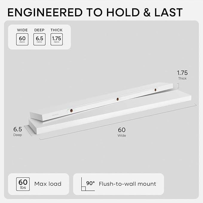 Homeforia Floating White Shelf 60 inches, High End Solid Real Wood 60inch Long Floating Shelves for Wall Mounted, White Wooden 60in Floating Shelves, Heavy Duty Bracket, 60 X 6.5 X 1.75 inch, Set of 2