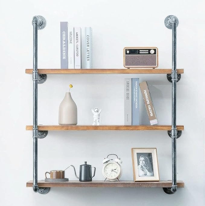 Industrial Wall Mounted Iron Floating Pipe Wood Shelves/Shelving/Racks/Storage/Bookcases/Brackets, DIY Open Bookshelves/Shelving for Kitchen/Office, Retro Black, Brown