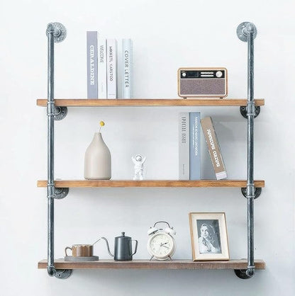 Industrial Wall Mounted Iron Floating Pipe Wood Shelves/Shelving/Racks/Storage/Bookcases/Brackets, DIY Open Bookshelves/Shelving for Kitchen/Office, Retro Black, Brown