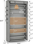 VTRIN Tall Shoe Rack with Cover, 10 Tier Shoe Organizer Storage for 50-55 Pairs Shoes and Boots Large Capacity Shoe Shelf with 8 Pockets Free Standing Shoe Rack for Closet, Entryway, Garage, Grey
