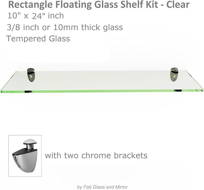 Fab Glass and Mirror Rectangle Glass Shelf, 10" X 24", Clear