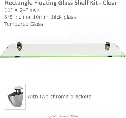 Fab Glass and Mirror Rectangle Glass Shelf, 10" X 24", Clear