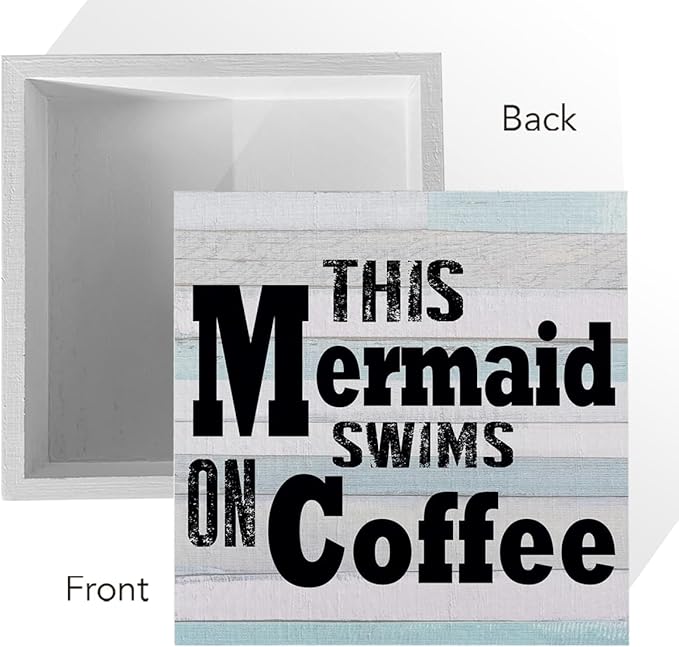 Mermaid Decor Beach Decorations for Home Rustic Kitchen Mermaid Bathroom Beach Theme Wooden Box Sign for Home Sea Desk Coffee Bar Shelf Centerpieces Table
