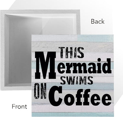 Mermaid Decor Beach Decorations for Home Rustic Kitchen Mermaid Bathroom Beach Theme Wooden Box Sign for Home Sea Desk Coffee Bar Shelf Centerpieces Table