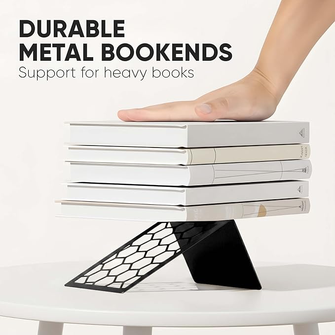GEOMOD Geometric Honeycomb Black Metal Bookends Decorative - Tall Sturdy Book Ends for Shelves - Modern Heavy Duty Bookend Stopper - Office or Home Book Shelf Book Holder - 6x3.25x6.25 Inches - 1 Pair