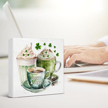 St. Patrick's Day Decor - St Patricks Day Decorations - St. Patrick's Day Coffee Lucky a Latte Wooden Sign Home Coffee Bar Kitchen Table Desk Shelf Decor 5×5 Inches