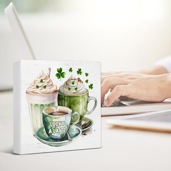 St. Patrick's Day Decor - St Patricks Day Decorations - St. Patrick's Day Coffee Lucky a Latte Wooden Sign Home Coffee Bar Kitchen Table Desk Shelf Decor 5×5 Inches
