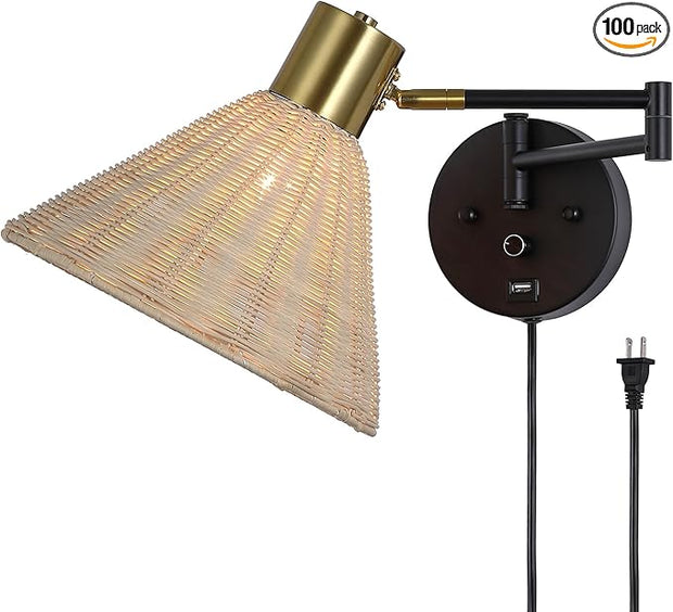 Plug in Rattan Wall Sconce Swing Arm Wall Lamp with USB Port and Dimmer Switch Hand-Woven Boho Rattan Wall Mounted Lamp Suitable for Hallway Bedroom Living Room.Balck