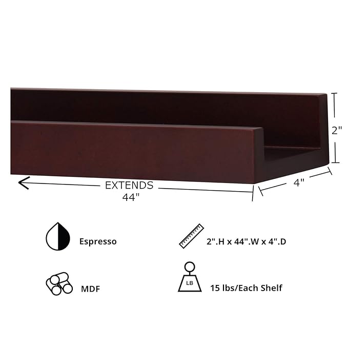 Kiera Grace Floating Shelves for Wall, Engineered Wood Picture Frame Wall Shelves, Easy to Assemble Display Shelves, Ideal for Home Decor, Pack of 2, 44" L x 4" W x 2" H, Espresso