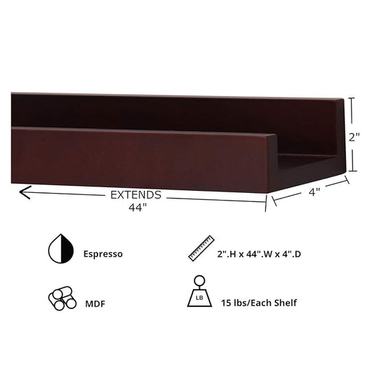 Kiera Grace Floating Shelves for Wall, Engineered Wood Picture Frame Wall Shelves, Easy to Assemble Display Shelves, Ideal for Home Decor, Pack of 2, 44" L x 4" W x 2" H, Espresso