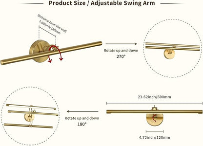Picture Light Dimmable Hard Wired 23.62 Inch Adjustable Swing Arm Brass Wall Lights for Pictures Led Display Light for Artwork 14W Warm White