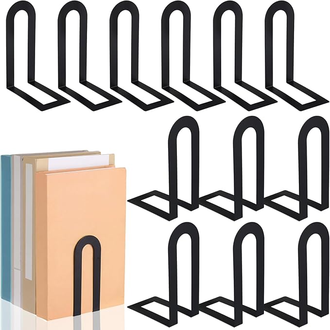 Chunful 12 Pcs Modern Metal Book Ends for Shelves Decorative Small Bookends Book Shelf Organizer Minimalist Design Stopper to Hold Books for Home Office (Black,5.5 * 3.75 * 2.25inch)