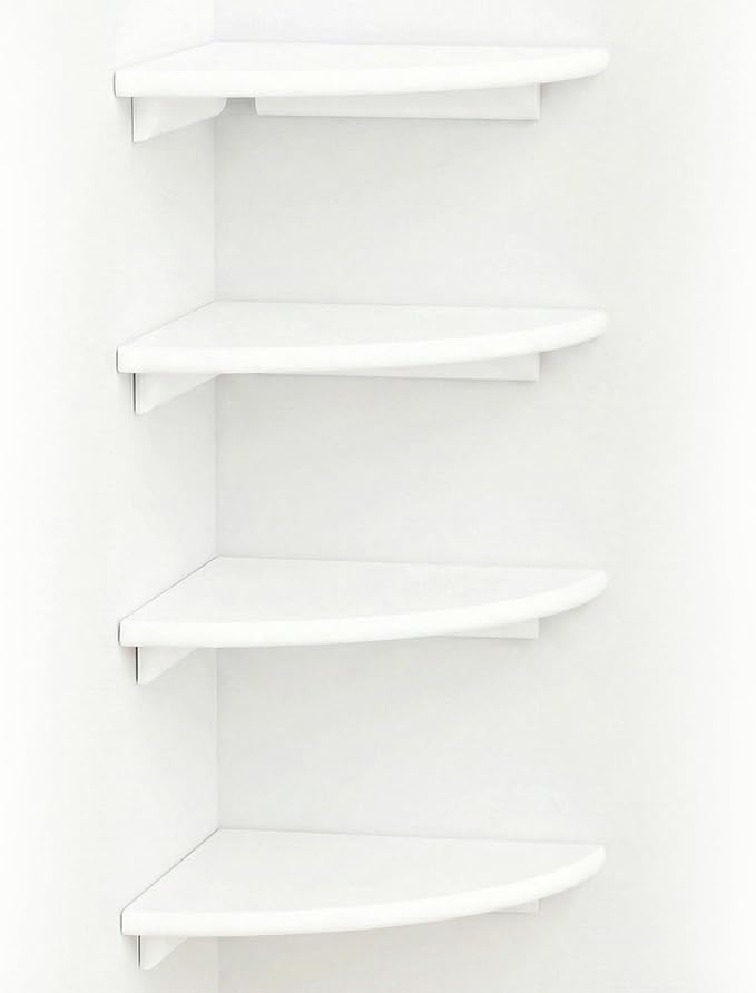 White Corner Floating Shelves for Wall – Set of 4, Rounded Wood Wall Mounted Corner Shelf with Hardware, Space Saving Decorative Storage for Kids Room, Bathroom, Living Room, Office – White