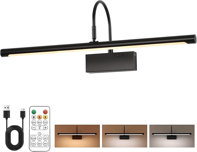 Battery Operated Picture Light with Remote, 24 inch Wireless Rechargeable Art Light with Timer, Dimmable 3CCT Gallery Lighting for Paintings, Portraits, and Canvas (Black)