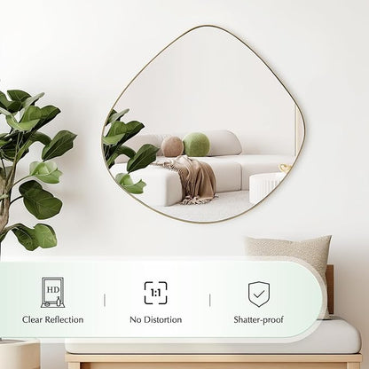 Asymmetrical Wall Mirror Matel Brass Framed Wall Mirror for Living Room Bedroom Bathroom Entryway Wall Decor 28.2" L x 27.8" W ELE-003G